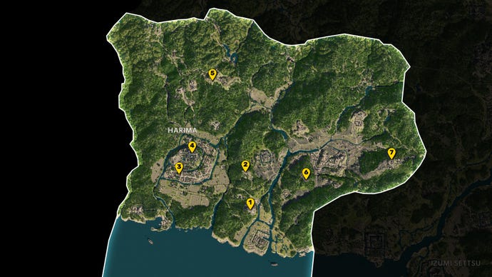 Part of the map of Assassin's Creed Shadows, with everything except the region of Harima greyed out, and all Viewpoints in the region marked and numbered in yellow.