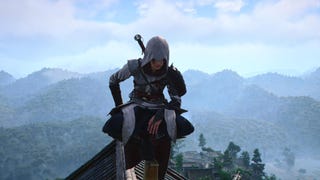 Naoe perched on a rooftop in Assassin's Creed Shadows. She wears the epic Apprentice Armor set, which resembles the design and colour scheme of outfits worn by the Brotherhood of Assassins.