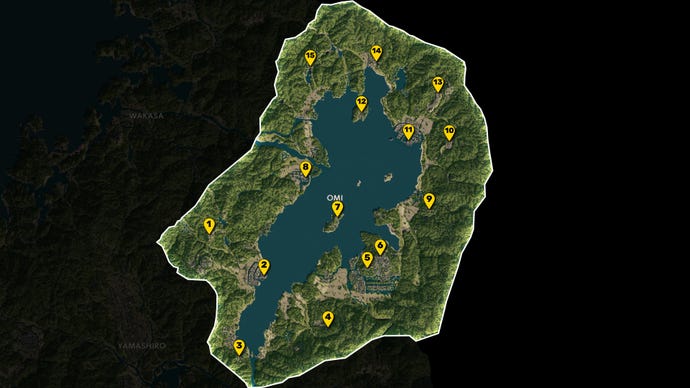 Part of the map of Assassin's Creed Shadows, with everything except the region of Omi greyed out, and all Viewpoints in the region marked and numbered in yellow.