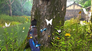 A close-up of a white Origami Butterfly on a tree in Assassin's Creed Shadows, with Naoe at the base of the tree looking at the butterfly.