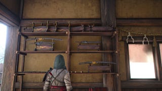 Naoe faces shelves of weapons decorating the Forge in Assassin's Creed Shadows.