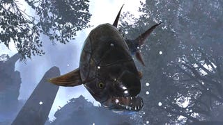 A close-up of a Gastronome Tuna, a Whopper fish in Monster Hunter Wilds, being tossed through the air onto shore after being reeled in.
