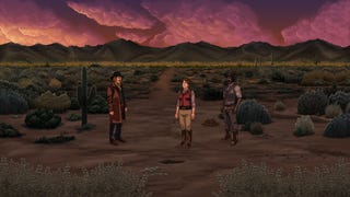 Three characters stand on dusty ground surrounded by bushes in Rosewater.