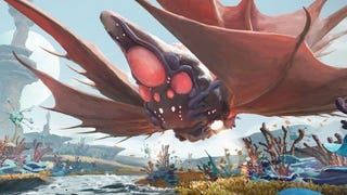 A big fleshy space animal with huge crimson eyes and wings flying over an alien planet