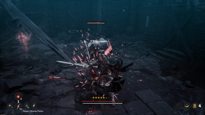 The player and an enemy clash, sending sparks flying from their weapons.