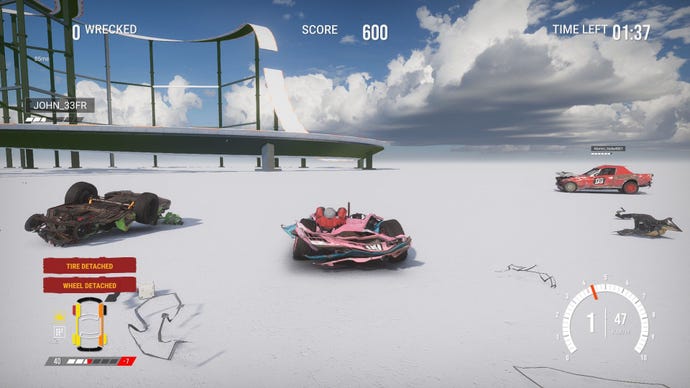 The player's car is squashed flat in a white void-like space.